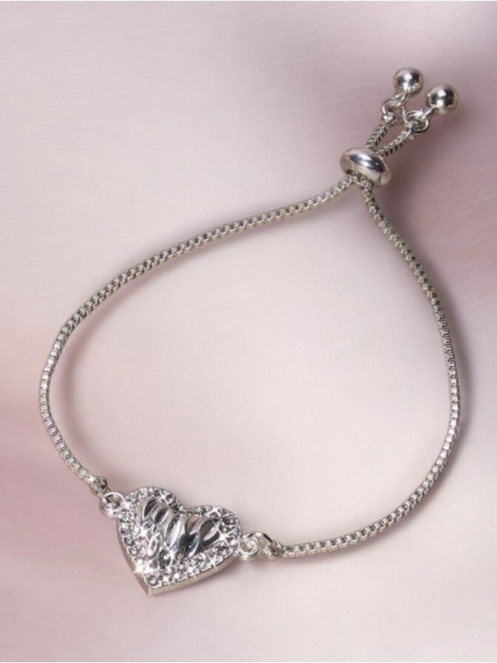 Sterling Silver Heart Slider Bracelet Beautiful Rhinestones